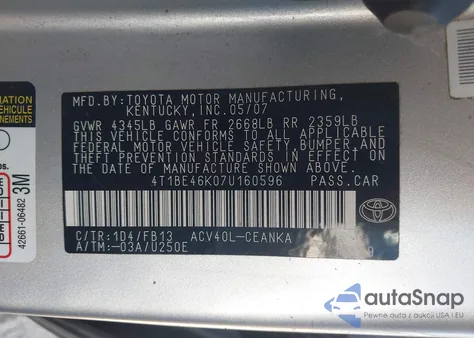 2007 Toyota Camry Le z USA, uszkodzony, nr VIN 4T1BE46K07U160596